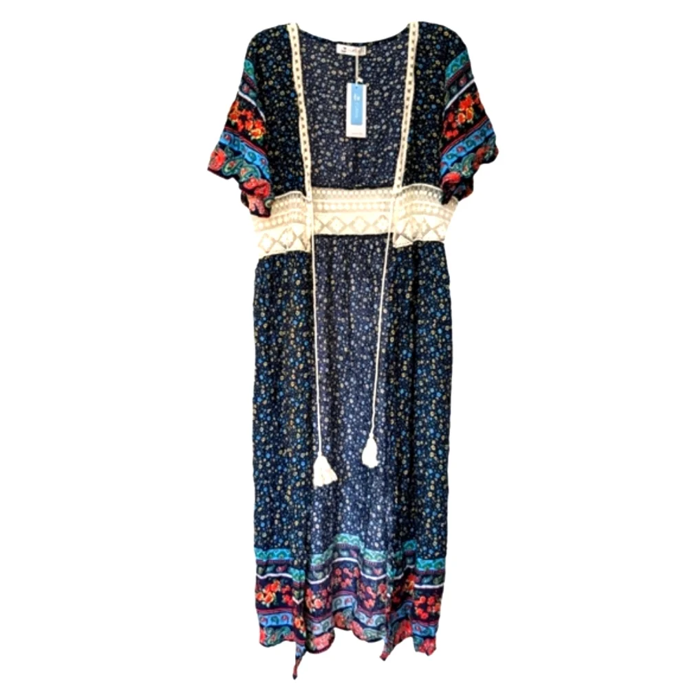 Cupshe Kimono blue w/ lace And White tassels Long length Women's Size Large
